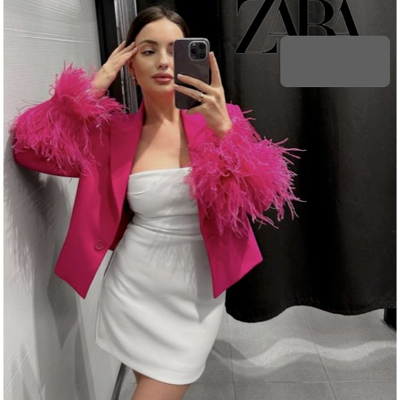 ZARA FUCHSIA SHORT FEATHER BLAZER JACKET XS S M NWT - Picture 4 of 11